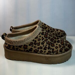 Olivia & Kate Platform Clogs Leopard Print Faux Fur Size 11 Chunky Tan Sole